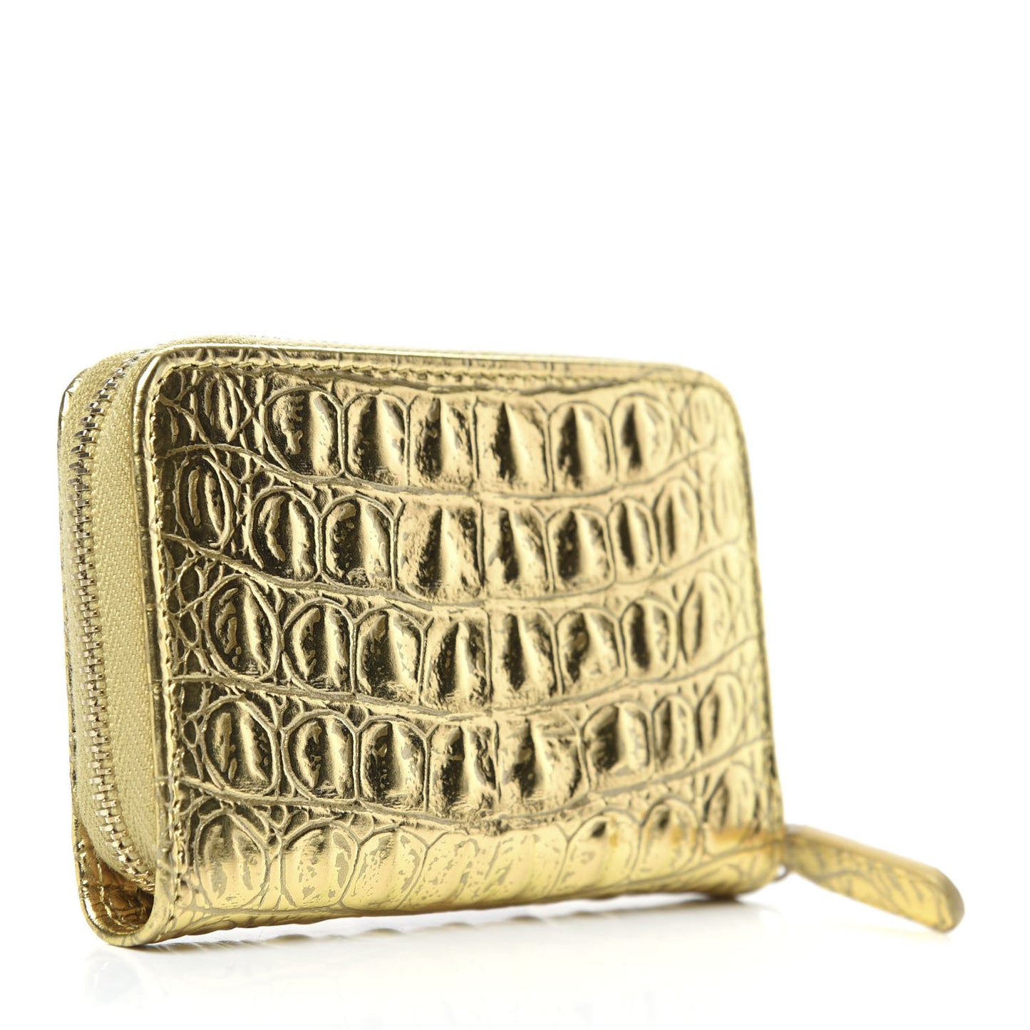 Metallic Calfskin Crocodile Embossed Cocodile Zip Coin Case Gold