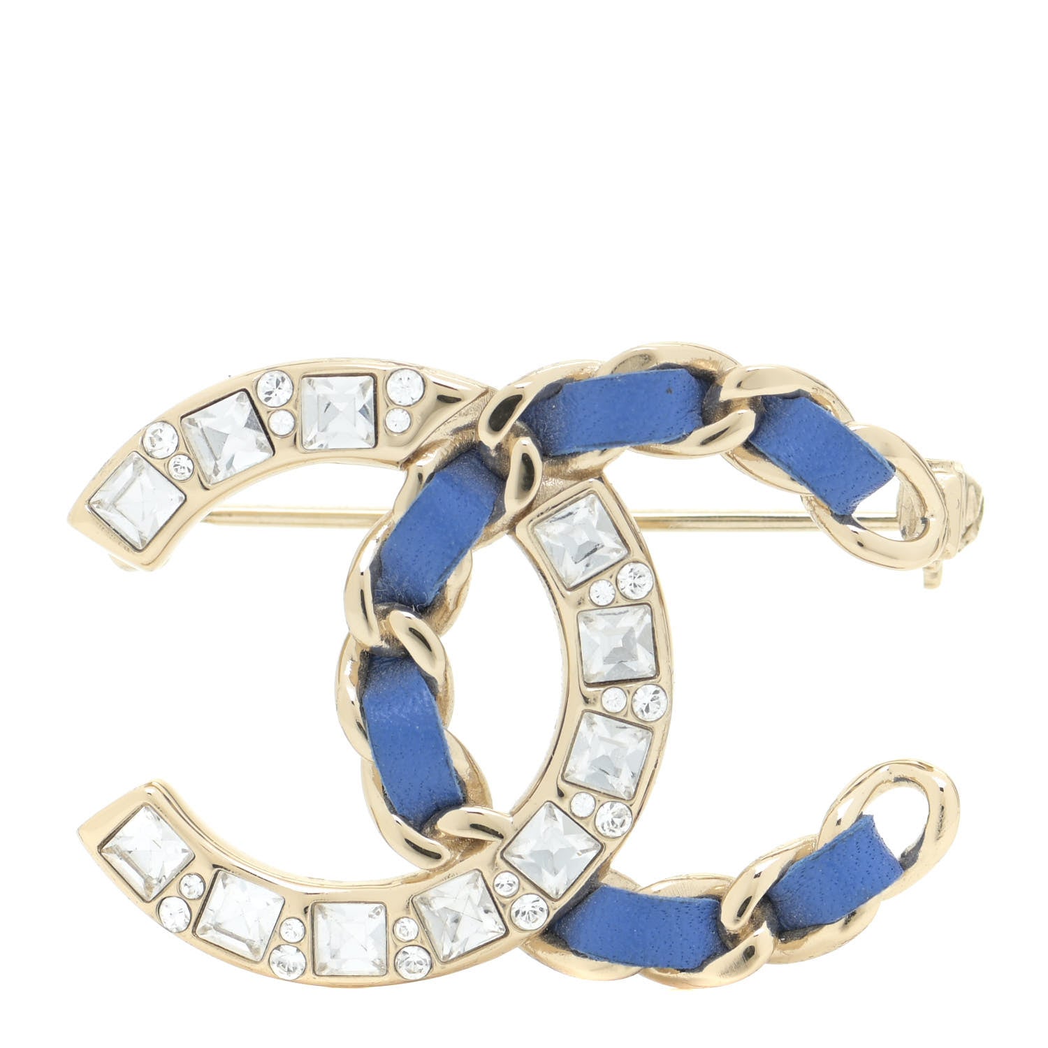 Chanel Lambskin Baguette Crystal CC Chain Brooch Blue Gold 1 of 4