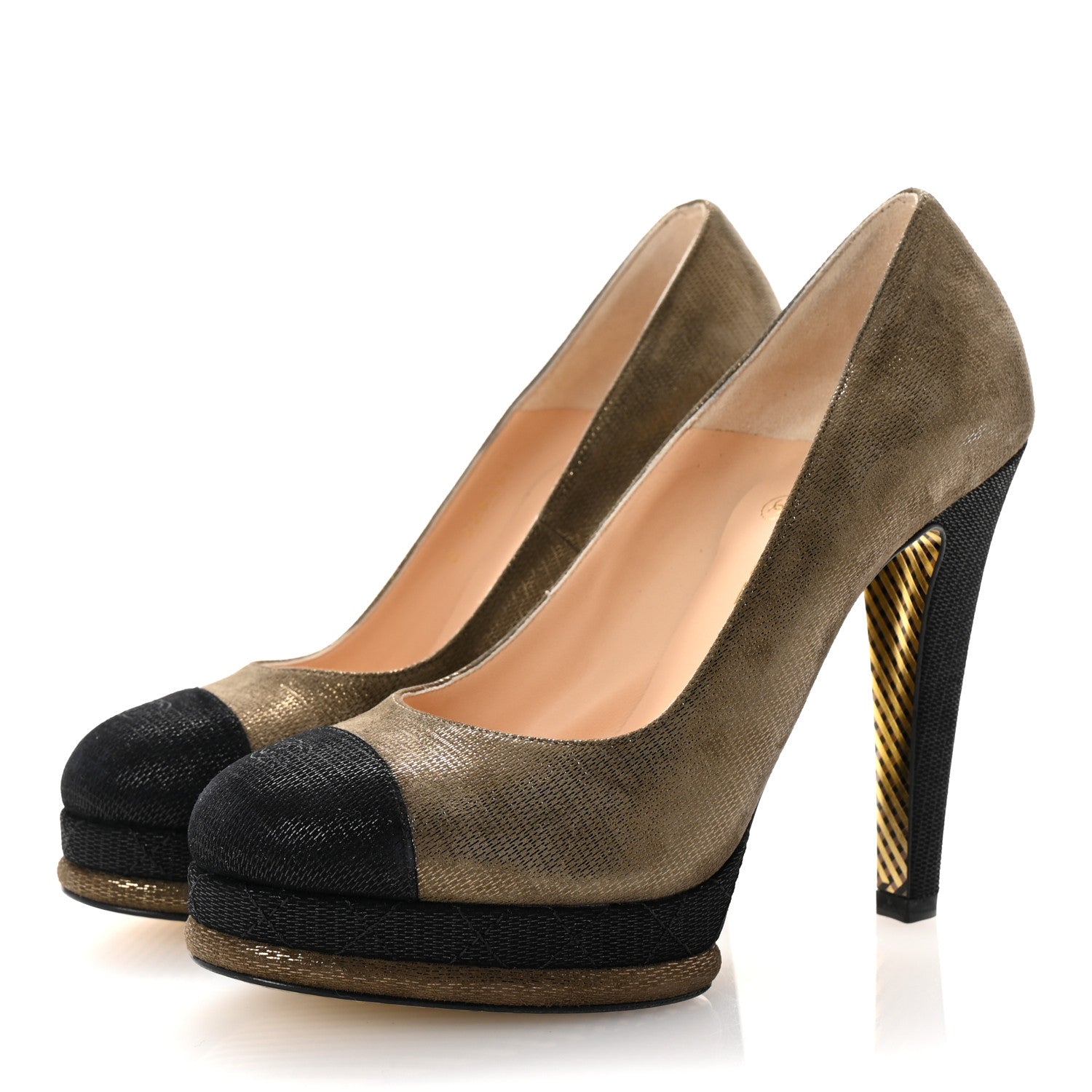 Chanel Metallic Fabric CC Cap Toe Pumps 38.5 Khaki Black 4 of 10