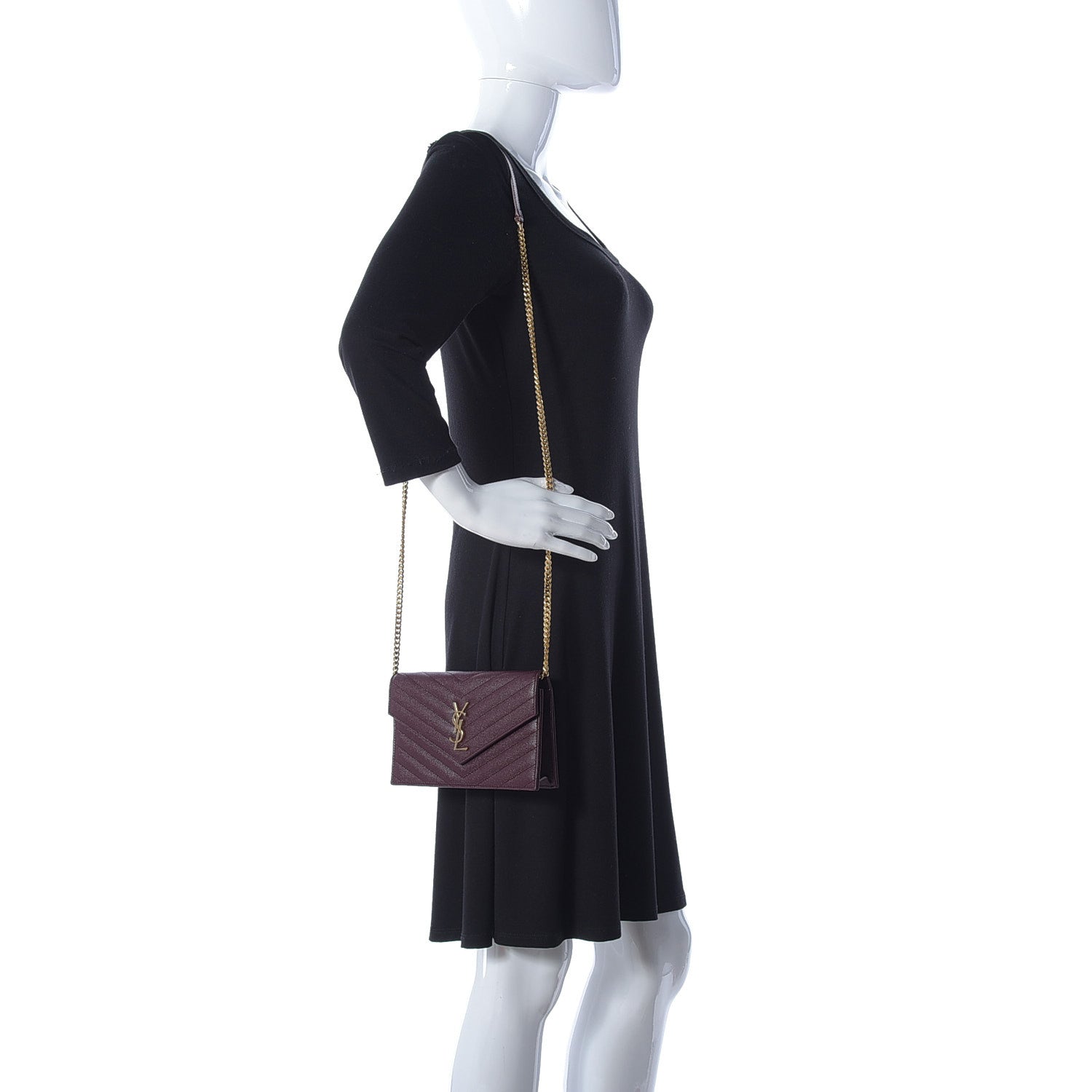 Saint Laurent Grain De Poudre Matelasse Chevron Monogram Envelope Chain Wallet Rouge Legion 2 of 9
