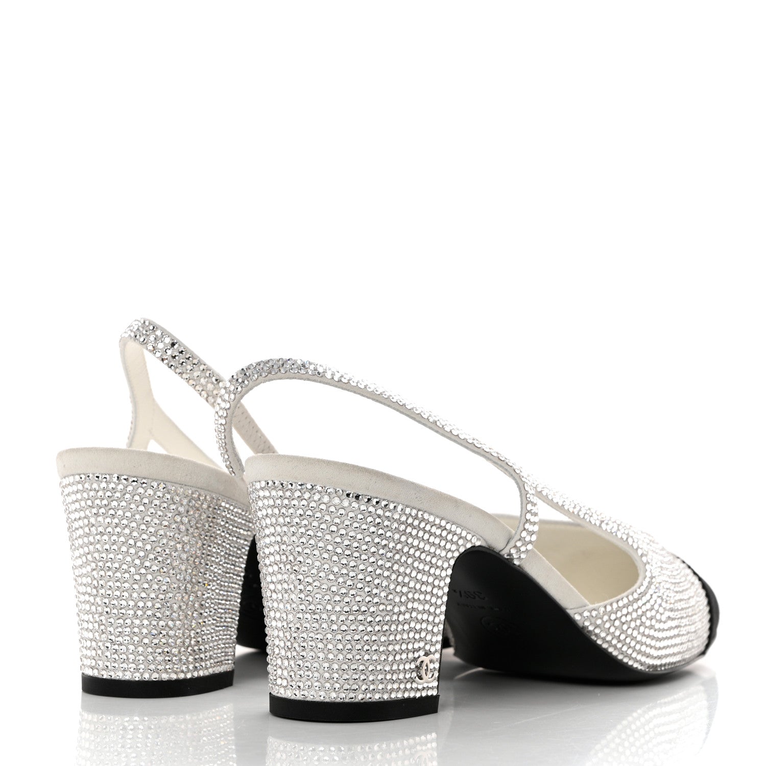 Chanel Strass Grosgrain Cap Toe CC Slingback Pumps 39.5 Silver Black 4 of 9