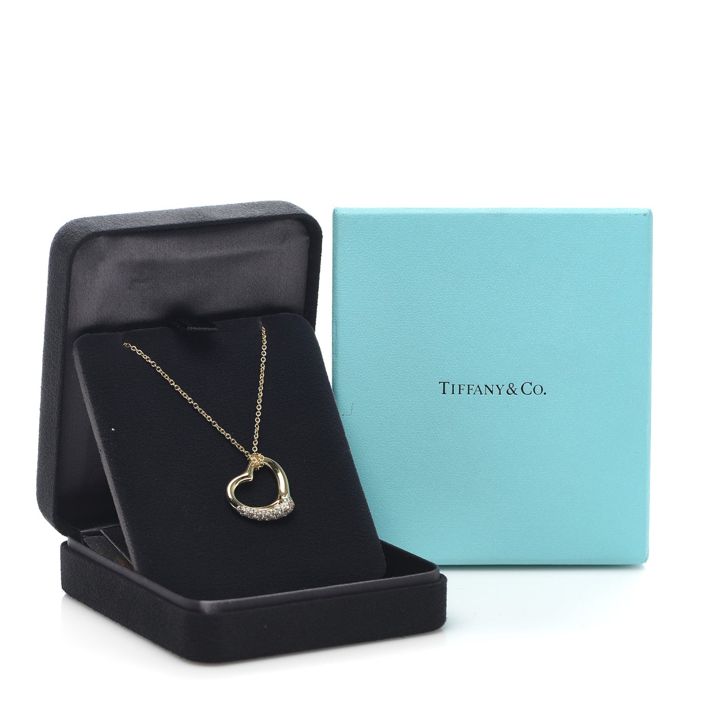 18K Yellow Gold Diamond 22mm Elsa Peretti Open Heart Pendant Necklace
