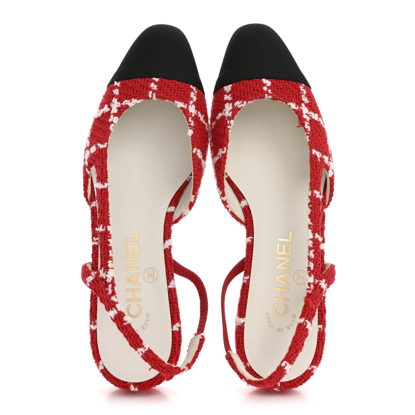 Tweed Grosgrain Cap Toe CC Slingback Flats 36 Red White