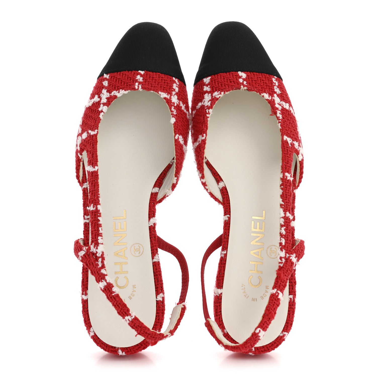 Chanel Tweed Grosgrain Cap Toe CC Slingback Flats 36 Red White 2 of 11