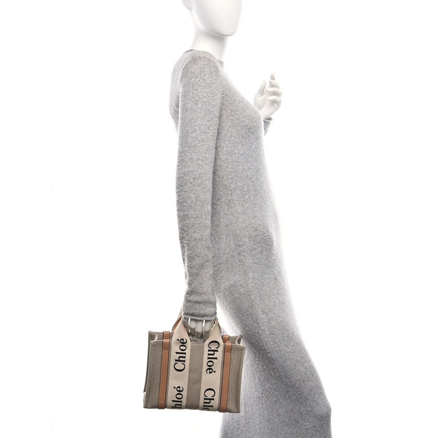 Chloe Linen Calfskin Small Woody Ribbon Tote With Strap White Light Brown 2 of 10