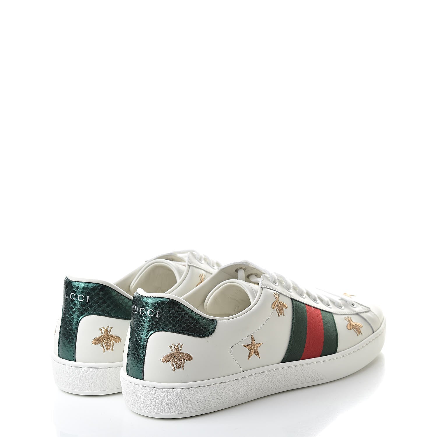 Gucci Calfskin Ayers Web Bee Star Embroidered Mens Ace Sneakers 8 White Green 4 of 11