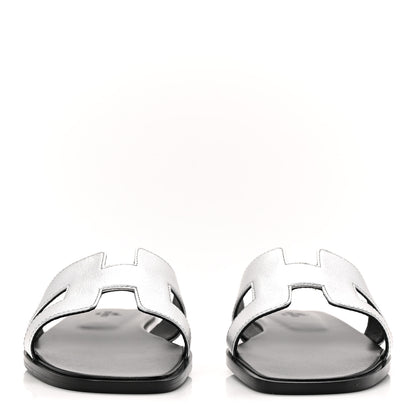 Hermes Metallic Chevre Oran Sandals 38.5 Gris Argente 2 of 9