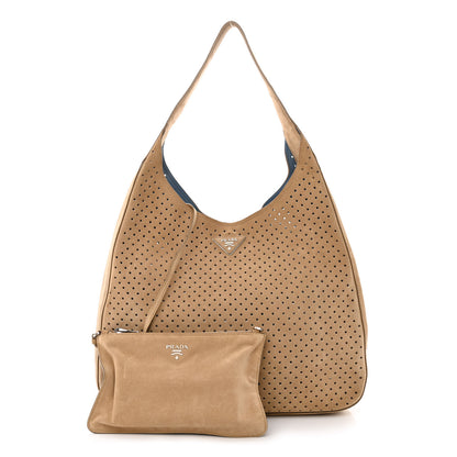 Prada Scamosciato Perforated Suede Hobo Cammello 1 of 15