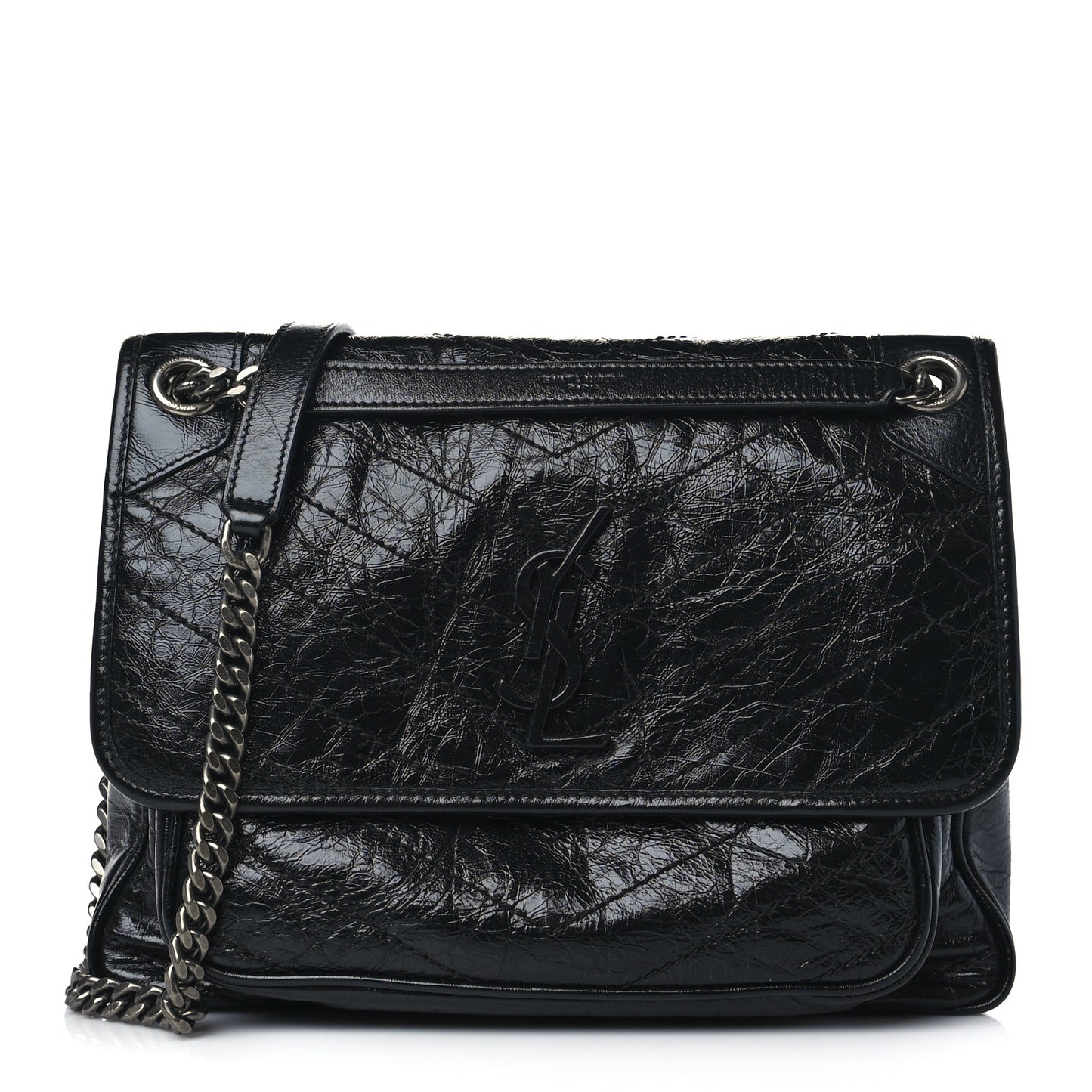 Crinkled Calfskin Matelasse Monogram Medium Niki Chain Satchel Black