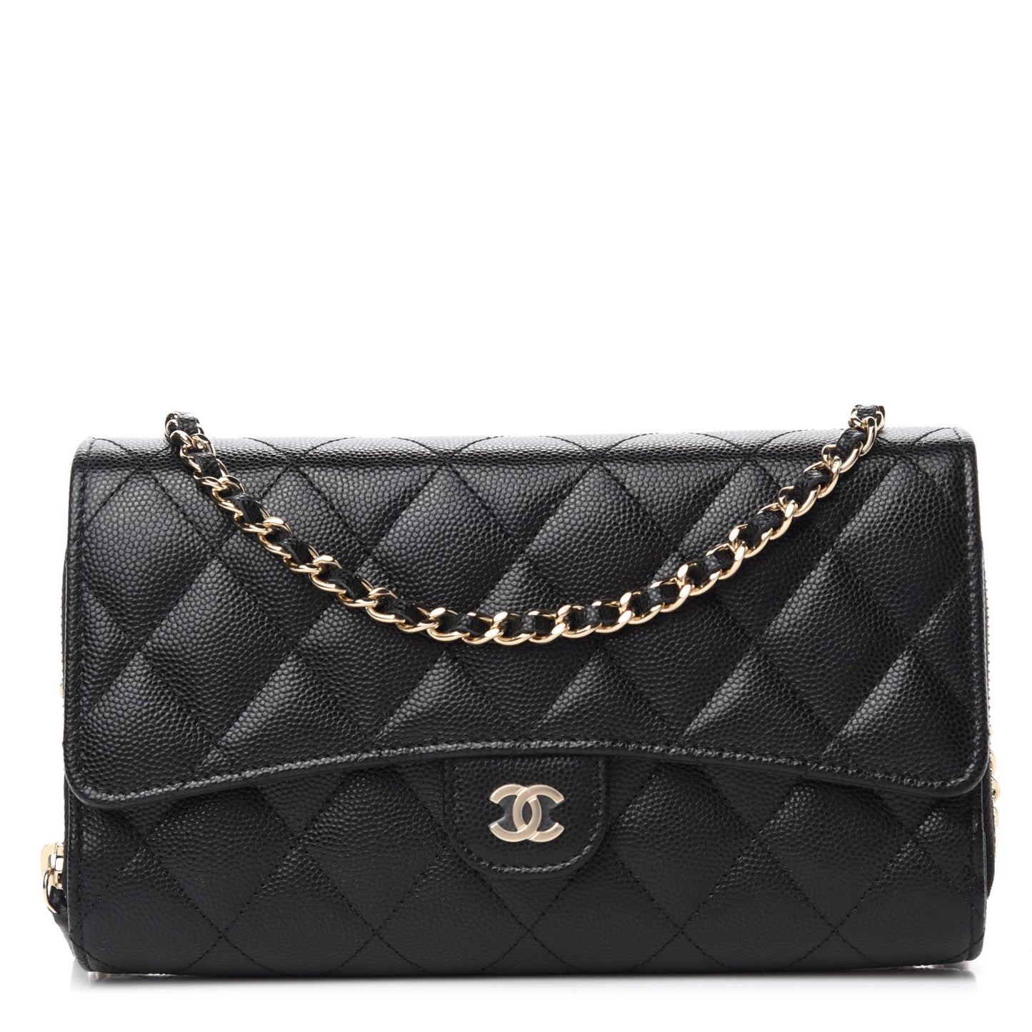 Caviar Quilted Phone Holder Wallet on Removable Chain Black