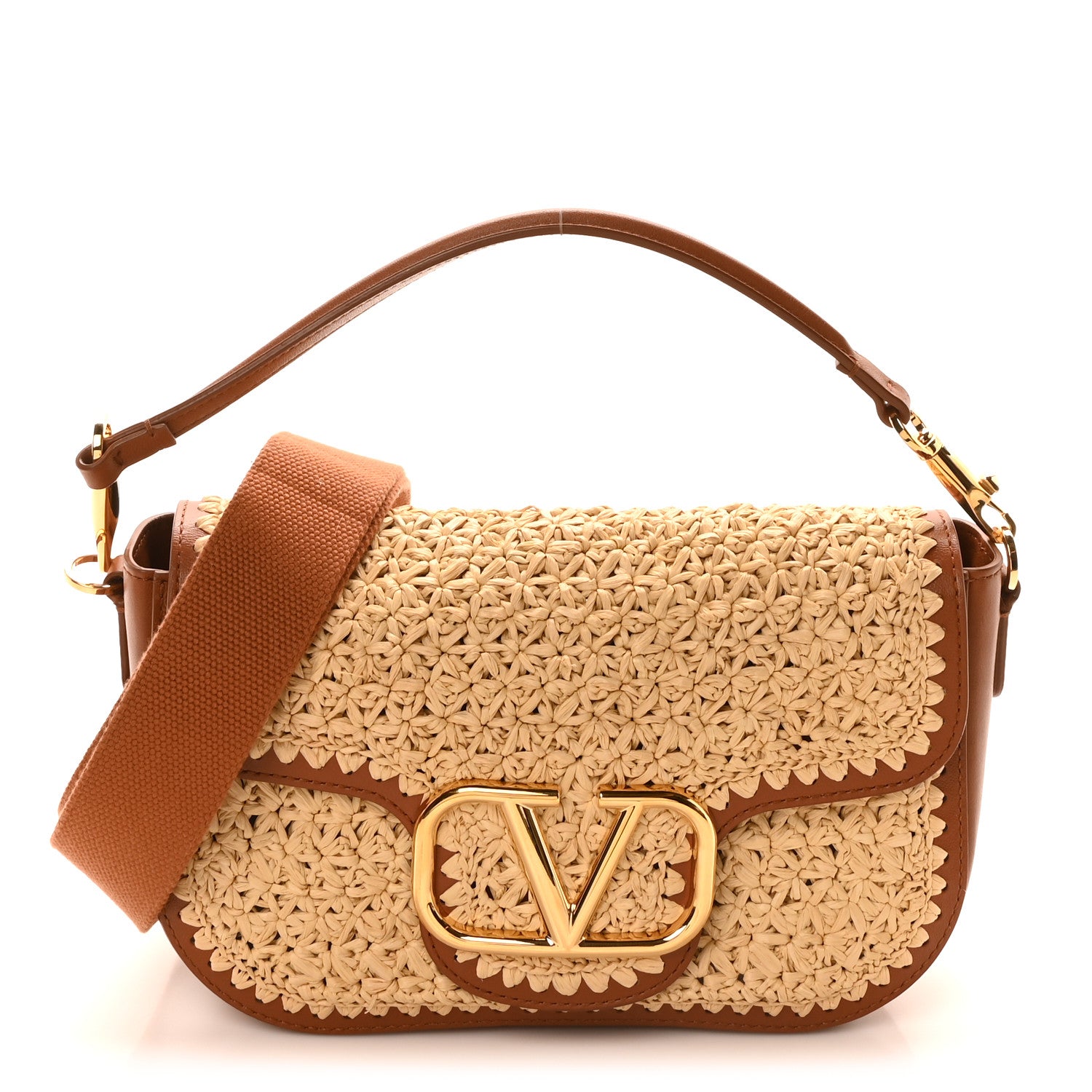 Valentino Garavani Raffia Calfskin Vlogo Alltime Shoulder Bag Natural Saddle Brown 1 of 9