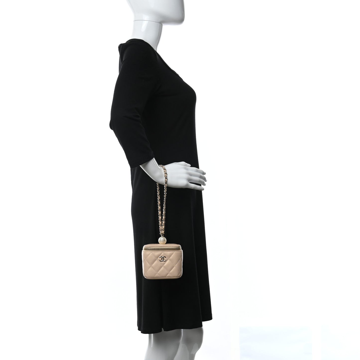 Iridescent Caviar Quilted Mini Pearl On Top Vanity Case With Chain Beige