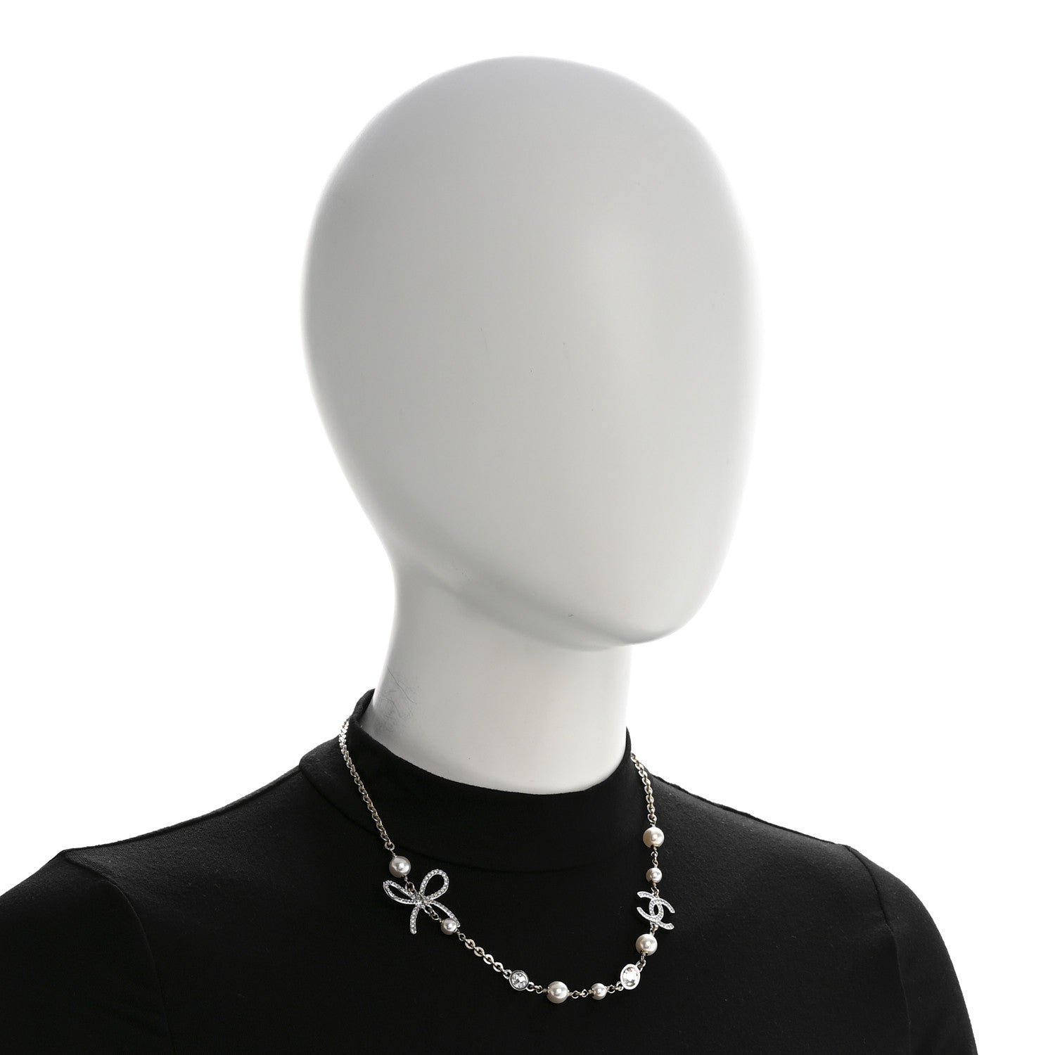 Chanel Pearl Crystal CC Bow Necklace Gold 2 of 6