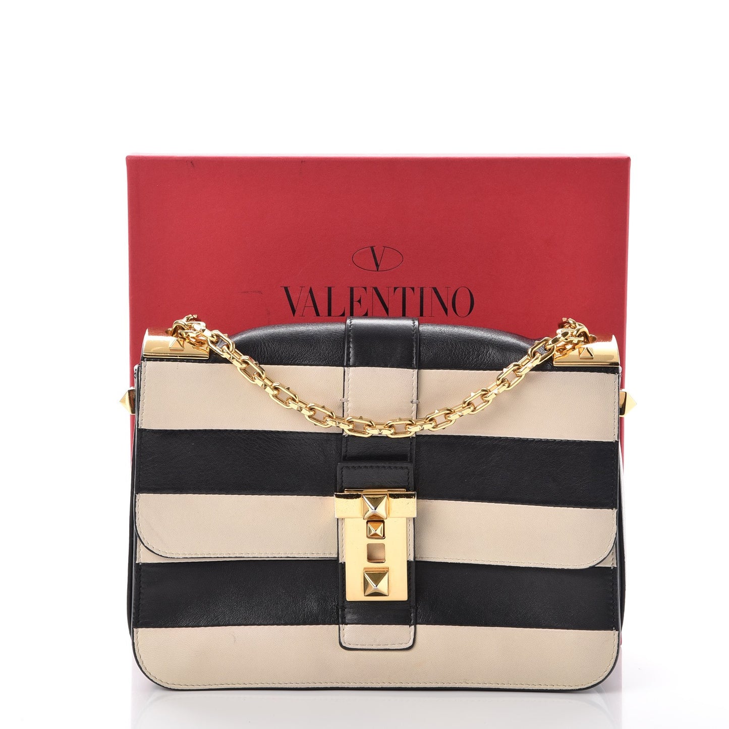 Nappa Striped B-Rockstud Flap Black Light Ivory