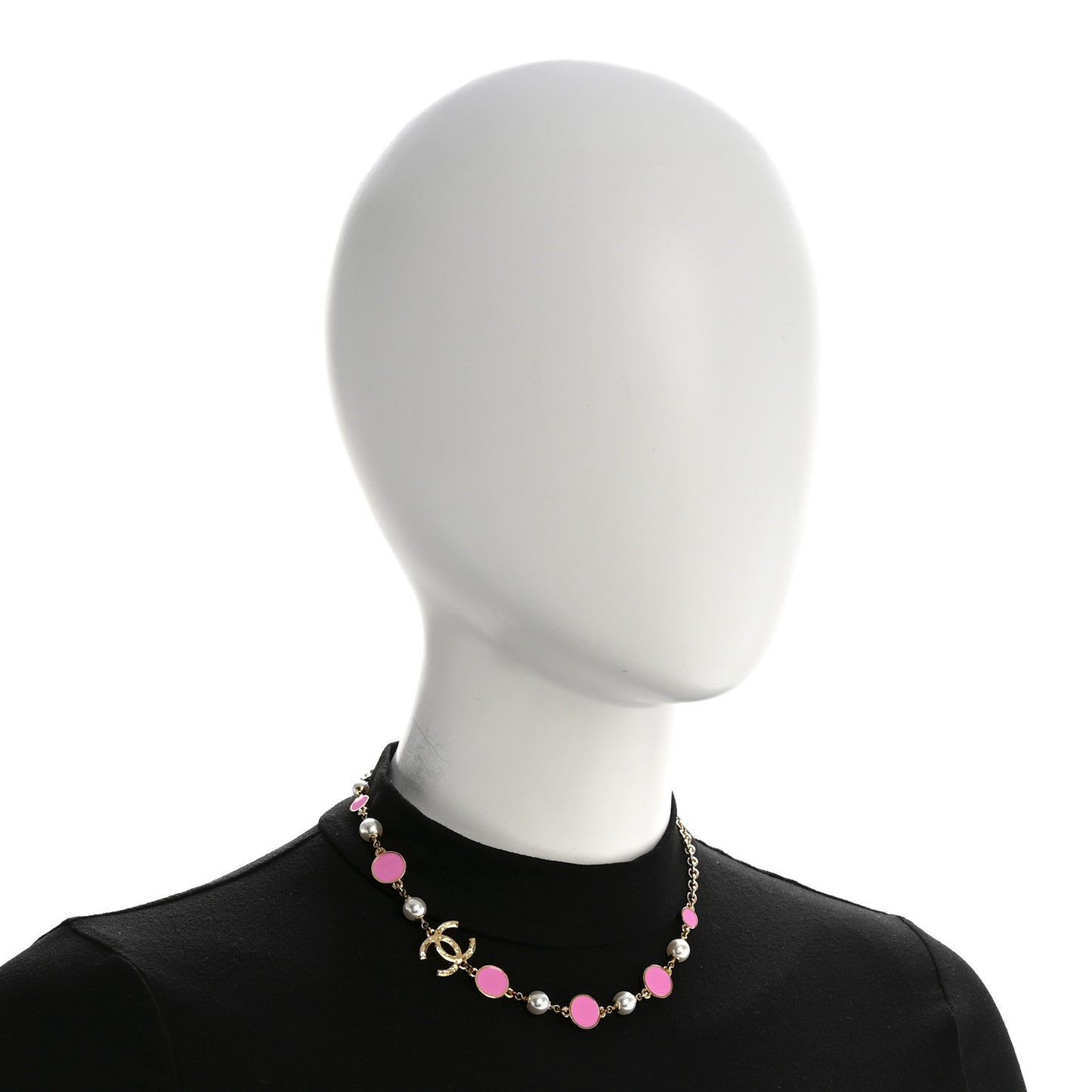 Metal Enamel Pearl CC Necklace Pink Gold