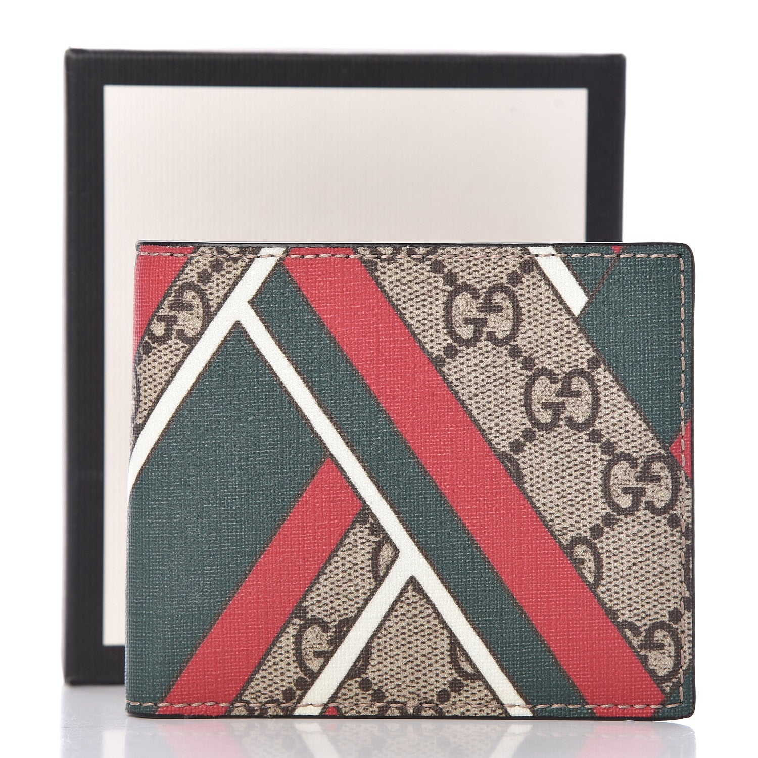 Gucci GG Supreme Monogram Chevron Bi-Fold Wallet Beige Green Red New Acero 7 of 7