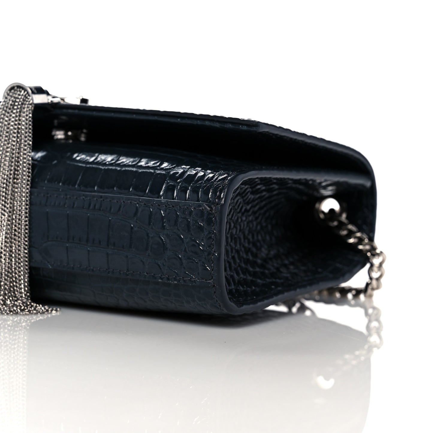 Calfskin Crocodile Embossed Small Classic Monogram Kate Tassel Satchel Navy