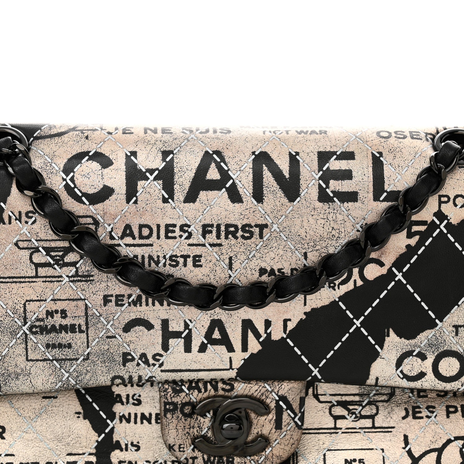 Chanel Metallic Lambskin Painted Feministe Newsprint Medium Double Flap So Black 8 of 14