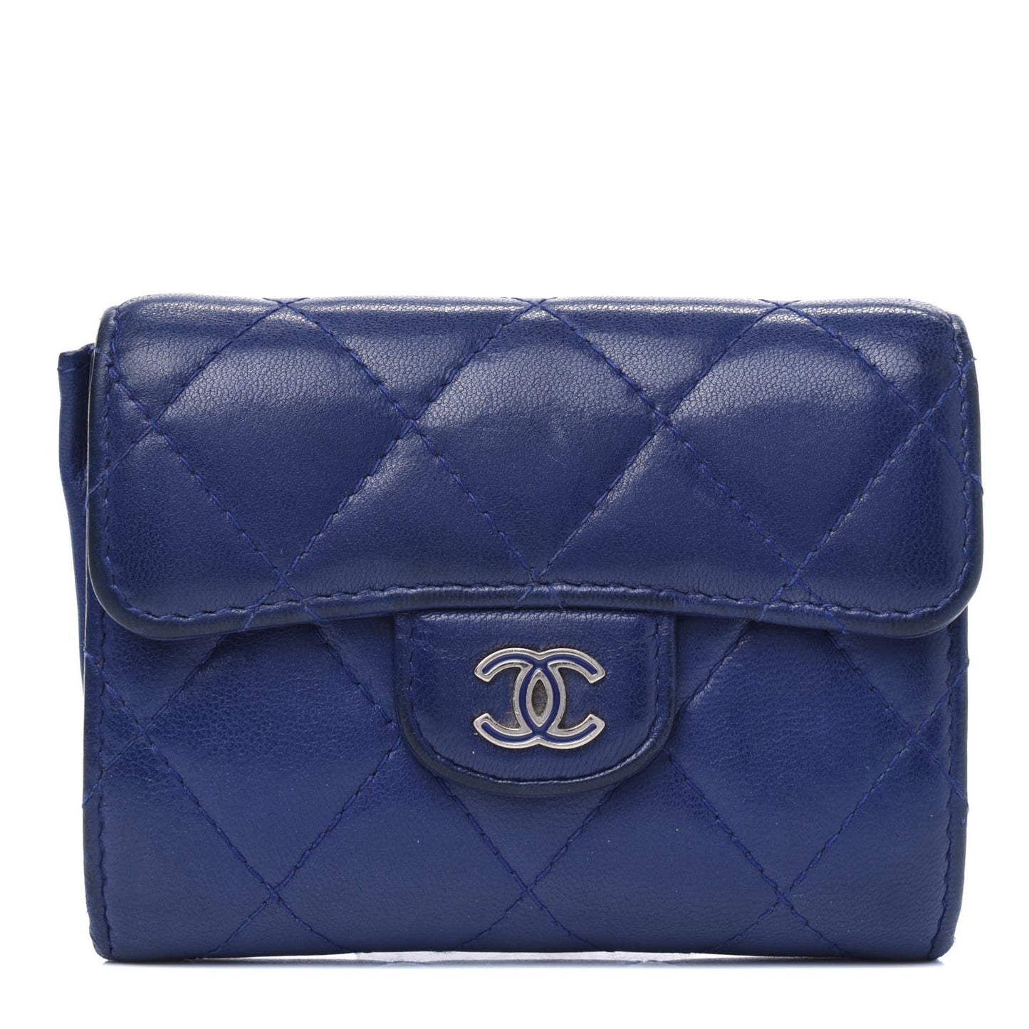 Lambskin Quilted Flap Card Holder Wallet Blue
