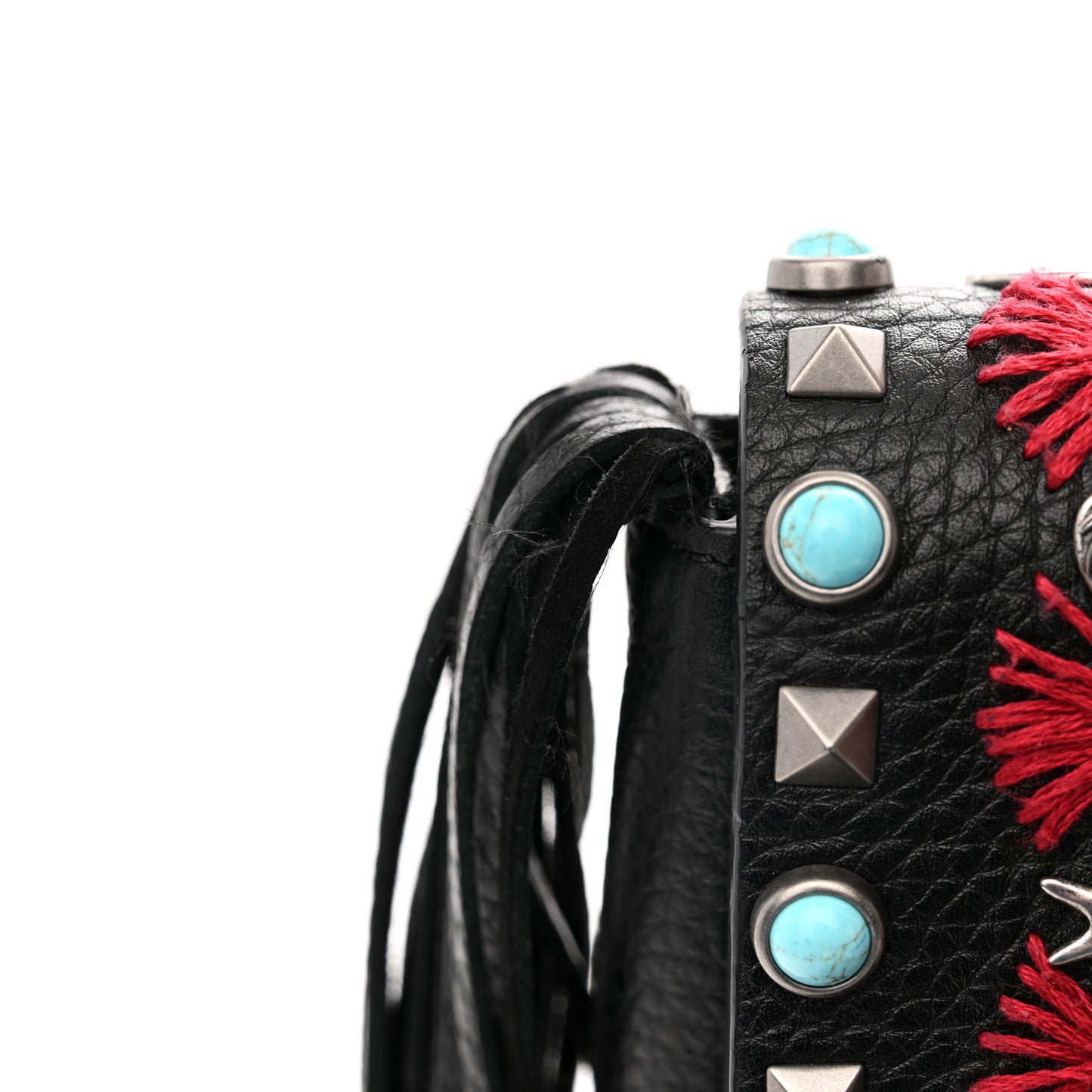 Pebbled Calfskin Embroidered Rockstud Rolling Fringe Messenger Black
