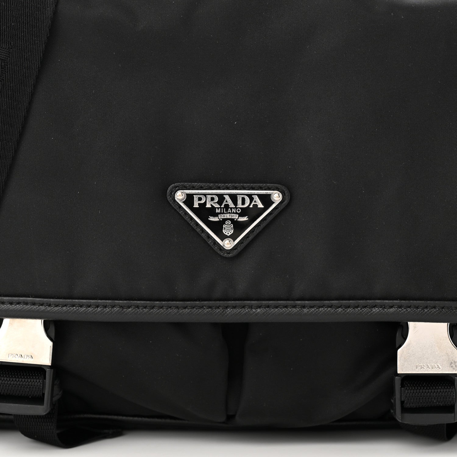 Prada Tessuto Nylon Saffiano Large Double Snap Buckle Messenger Bag Black 8 of 11