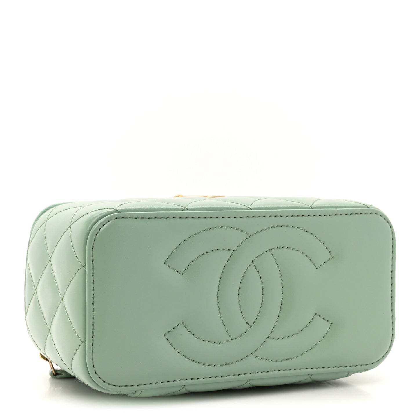 Shiny Calfskin Quilted Small Top Handle Vanity Case With Chain Light Green