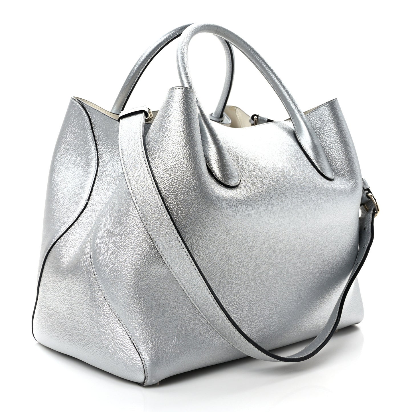 Metallic Supple Grained Calfskin Medium Open Bar Tote Silver