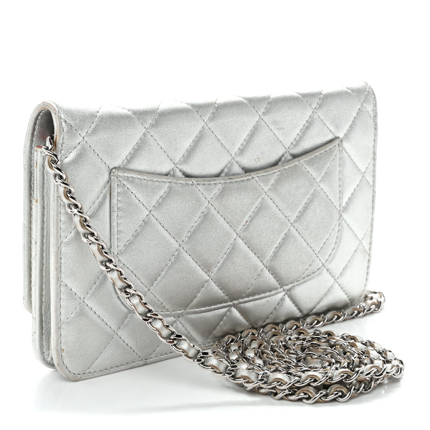 Chanel Metallic Lambskin Quilted Wallet On Chain WOC Silver 3 of 12