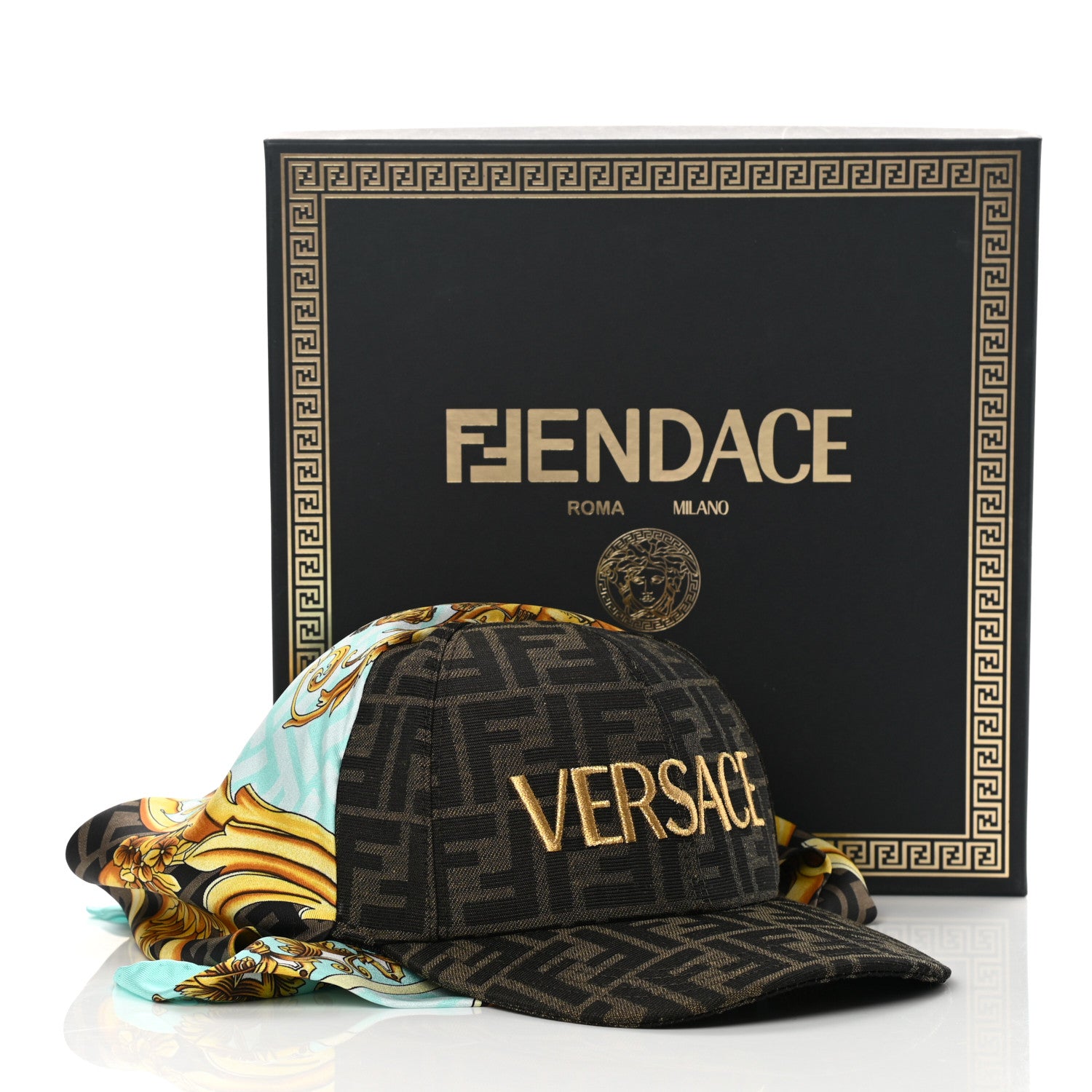 Fendi X VERSACE Silk FF Baroque Fendace Foulard Cap 59 Gold 11 of 11