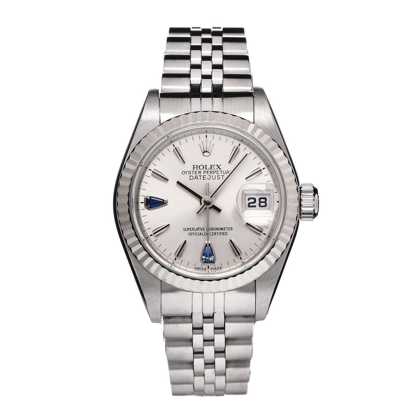 Stainless Steel 18K White Gold Blue Sapphire 26mm Oyster Perpetual Datejust Watch Silver 79174