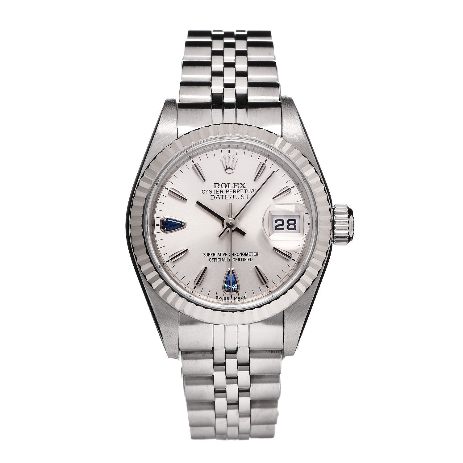 Rolex Stainless Steel 18K White Gold Blue Sapphire 26mm Oyster Perpetual Datejust Watch Silver 79174 1 of 6