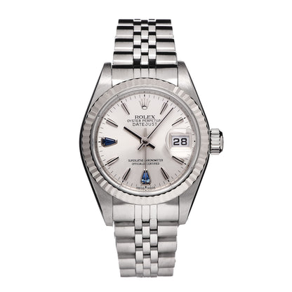Rolex Stainless Steel 18K White Gold Blue Sapphire 26mm Oyster Perpetual Datejust Watch Silver 79174 1 of 6