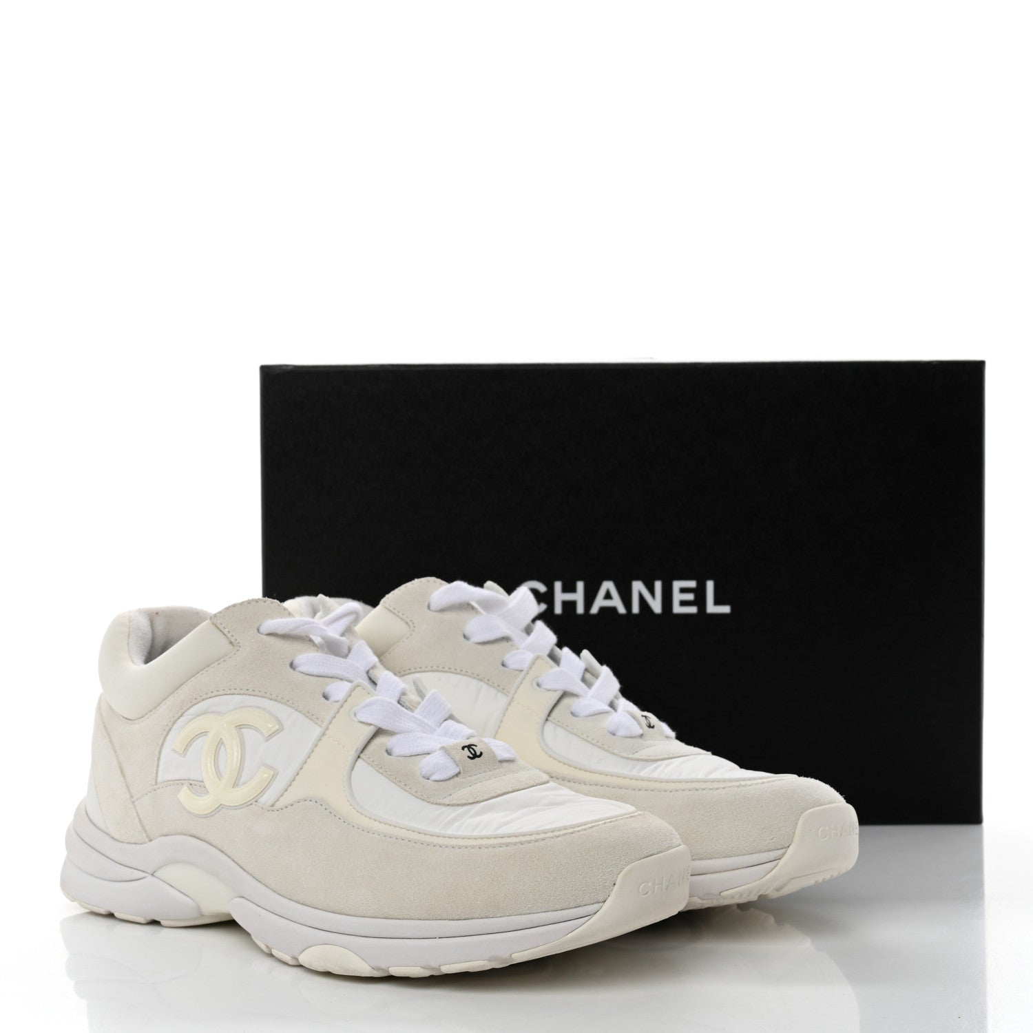 Chanel Suede Calfskin Fabric CC Sneakers 39.5 White 9 of 9