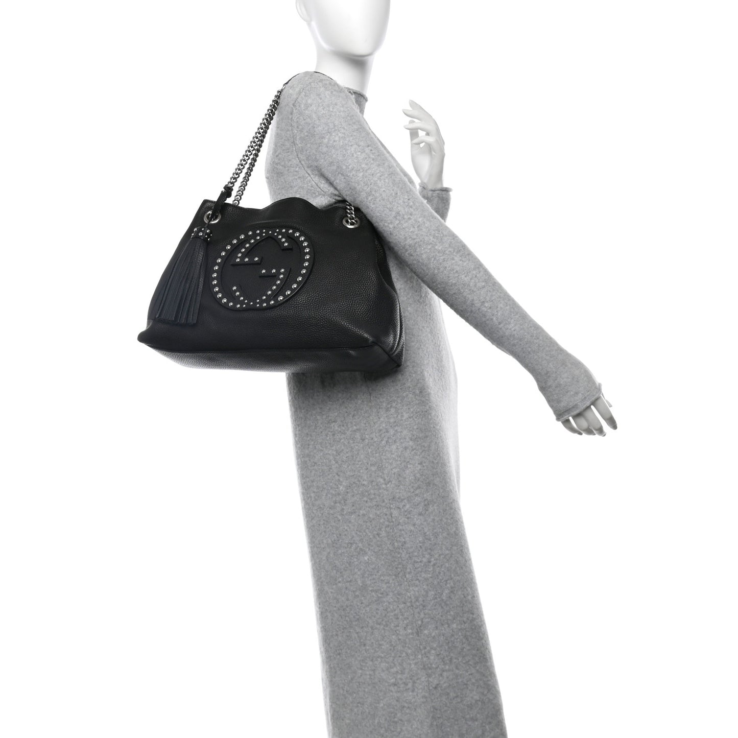 Pebbled Calfskin Studded Medium Soho Chain Shoulder Bag Black