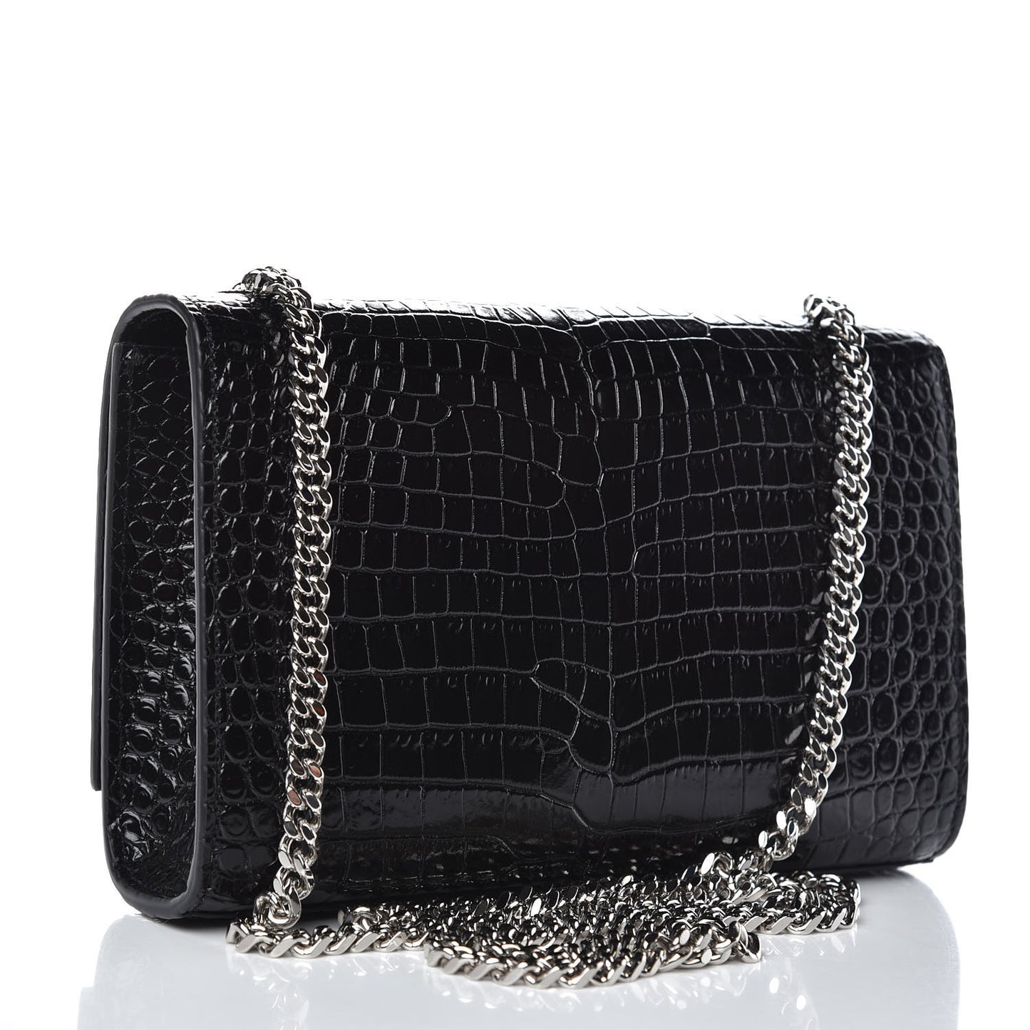 Calfskin Crocodile Embossed Small Classic Monogram Kate Tassel Satchel Black