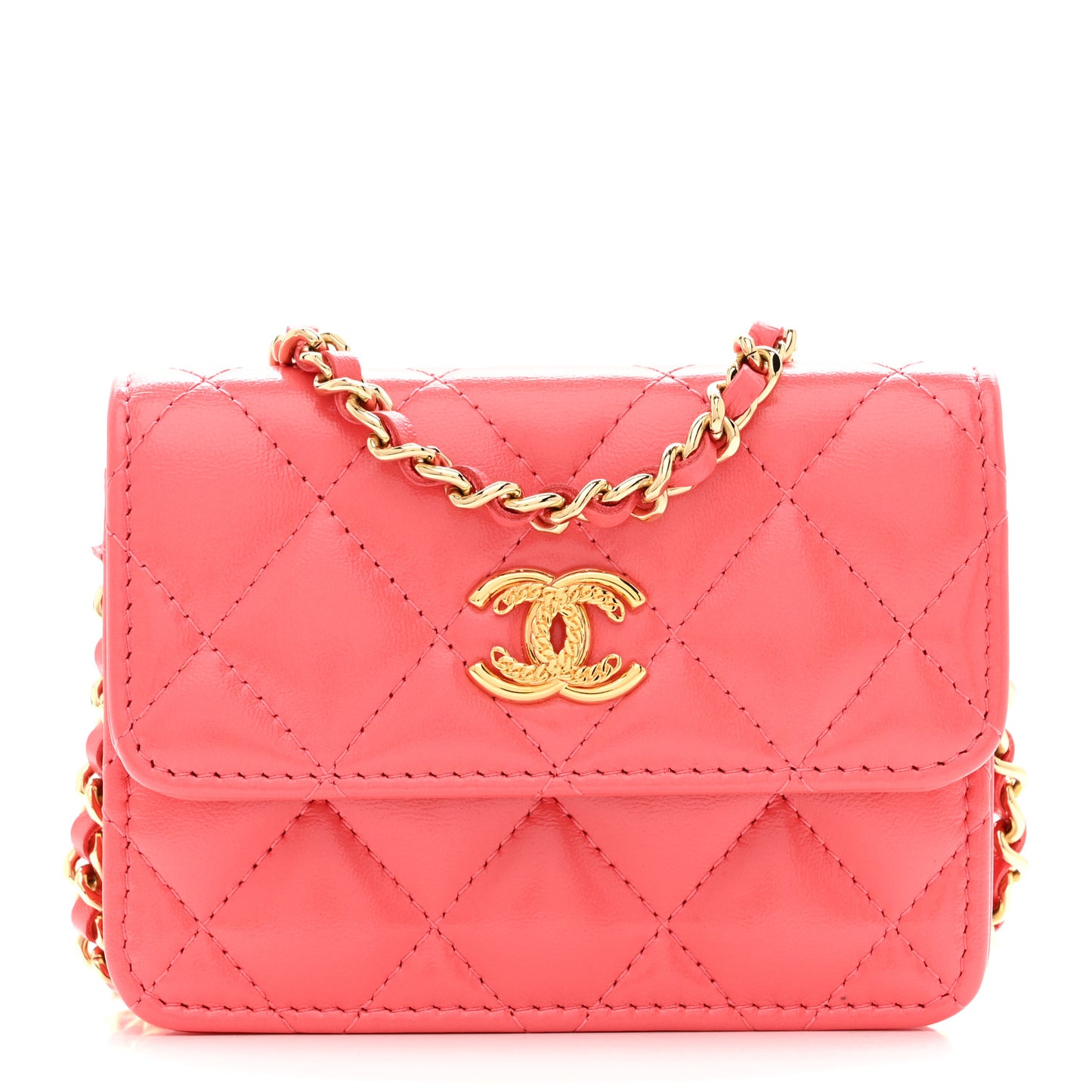 Shiny Lambskin Quilted Card Holder On Chain Pink