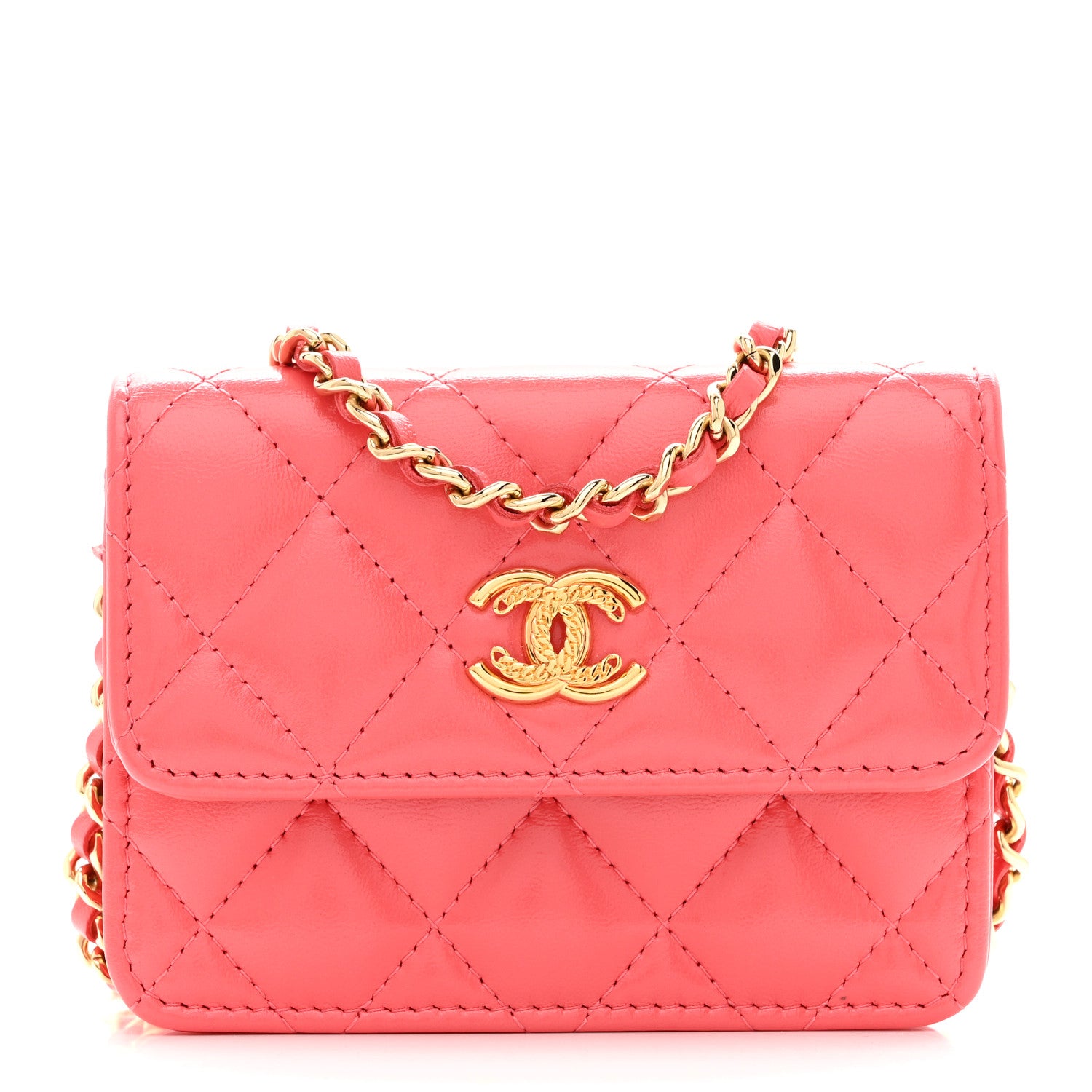 Chanel Shiny Lambskin Quilted Card Holder On Chain Pink 1 of 11