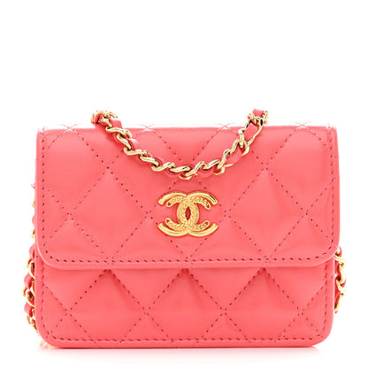 Chanel Shiny Lambskin Quilted Card Holder On Chain Pink 1 of 11