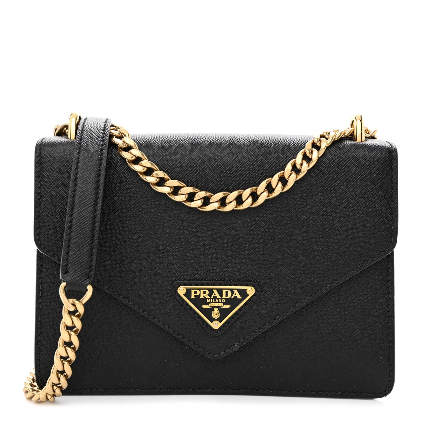 Saffiano Soft Calfskin Metal Triangle Logo Envelope Chain Shoulder Bag Black