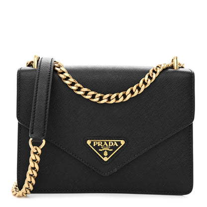 Prada Saffiano Soft Calfskin Metal Triangle Logo Envelope Chain Shoulder Bag Black 1 of 11