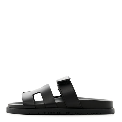 Hermes Calfskin Womens Chypre Sandals 36.5 Black 1 of 9