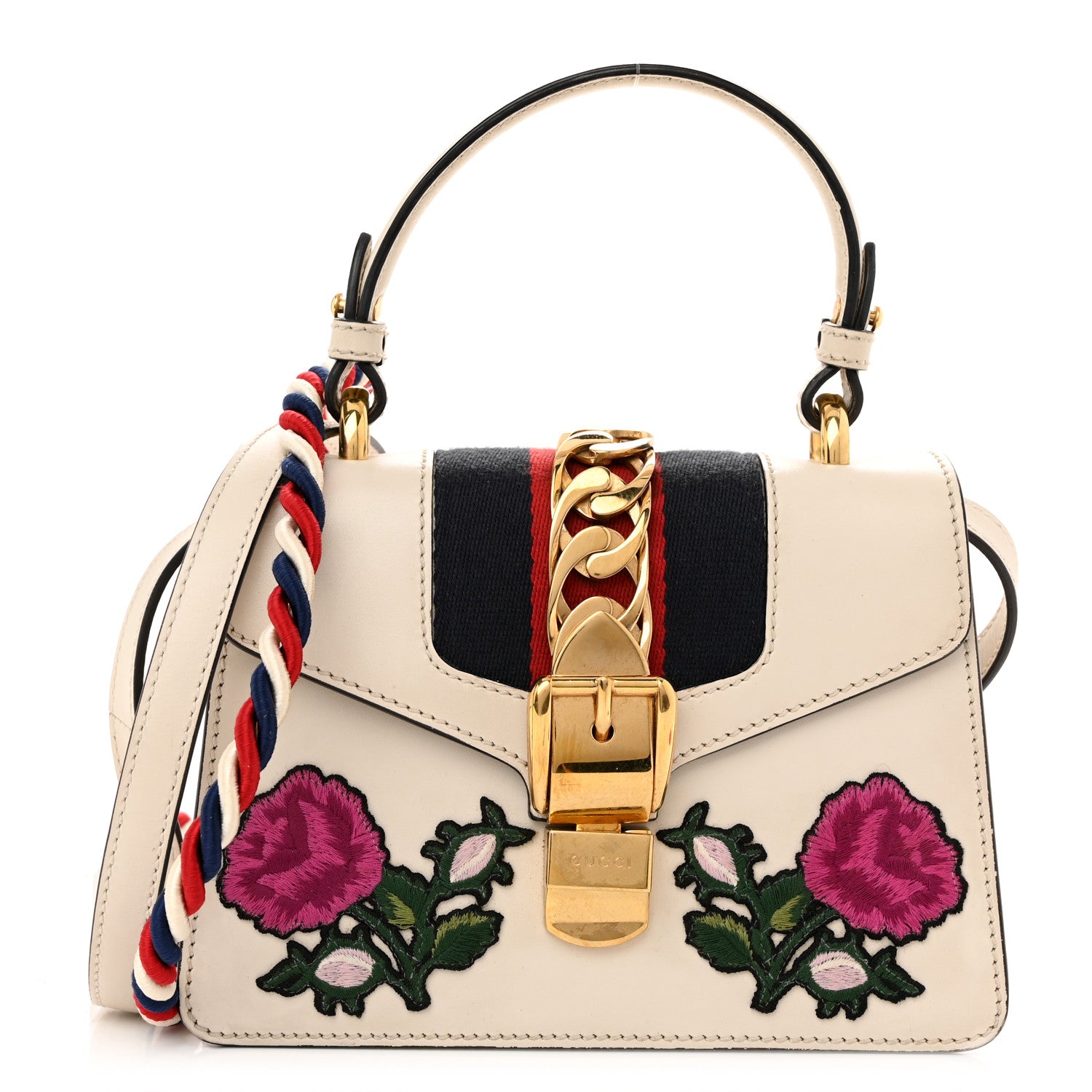 Gucci Calfskin Embroidered Mini Sylvie Top Handle Bag White 1 of 10