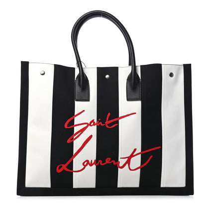 Saint Laurent Canvas Noe Striped Tote Black White 1 of 8