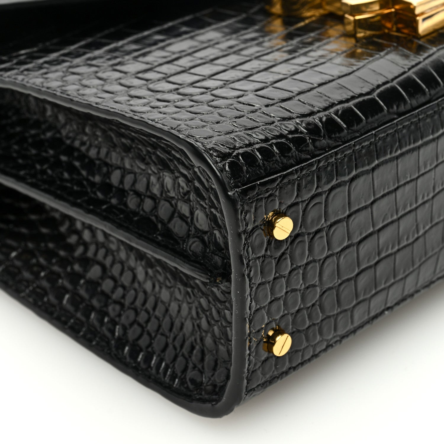 Saint Laurent Calfskin Crocodile Embossed Mini Classic Monogram Cassandra Top Handle Black 8 of 9