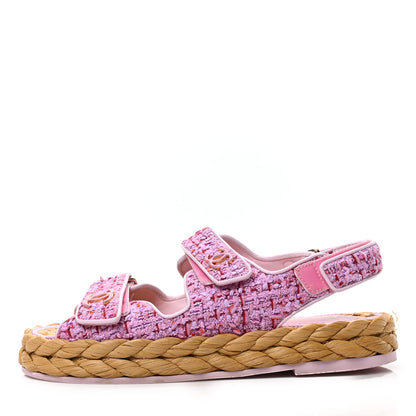 Chanel Tweed Patent Calfskin Velcro Dad Sandals 37 Light Purple Pink Red 1 of 7