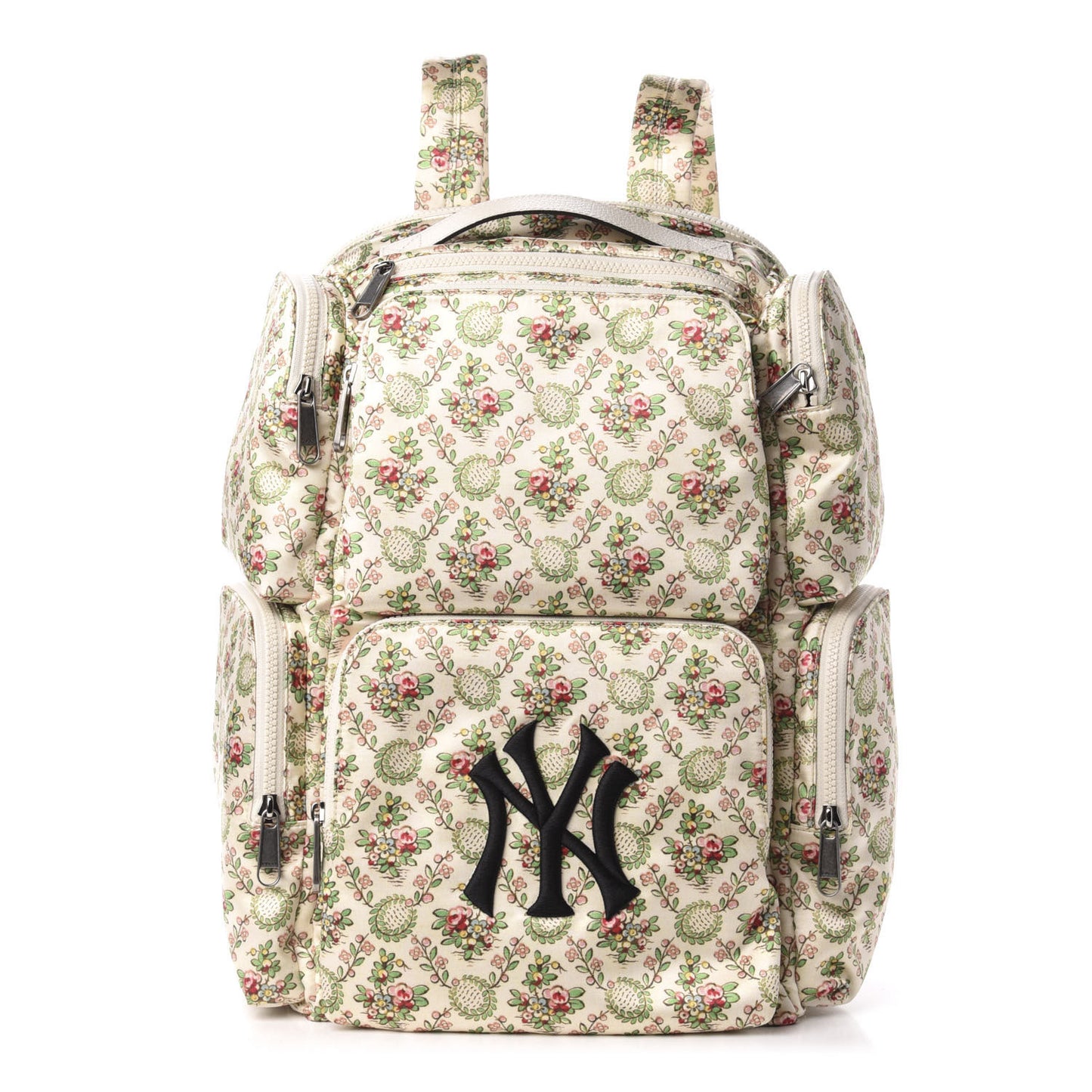 X MLB Satin Floral Print NY Yankees Patch Backpack Ivory Green