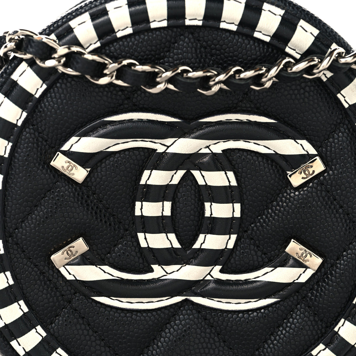 Chanel Caviar Quilted Filigree Round Clutch With Chain Black White 8 of 10