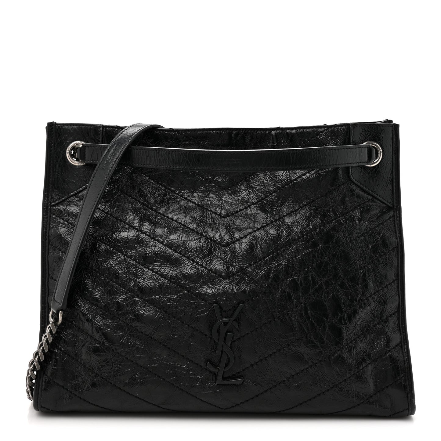 Crinkled Calfskin Matelasse Monogram Medium Niki Shopper Tote Black