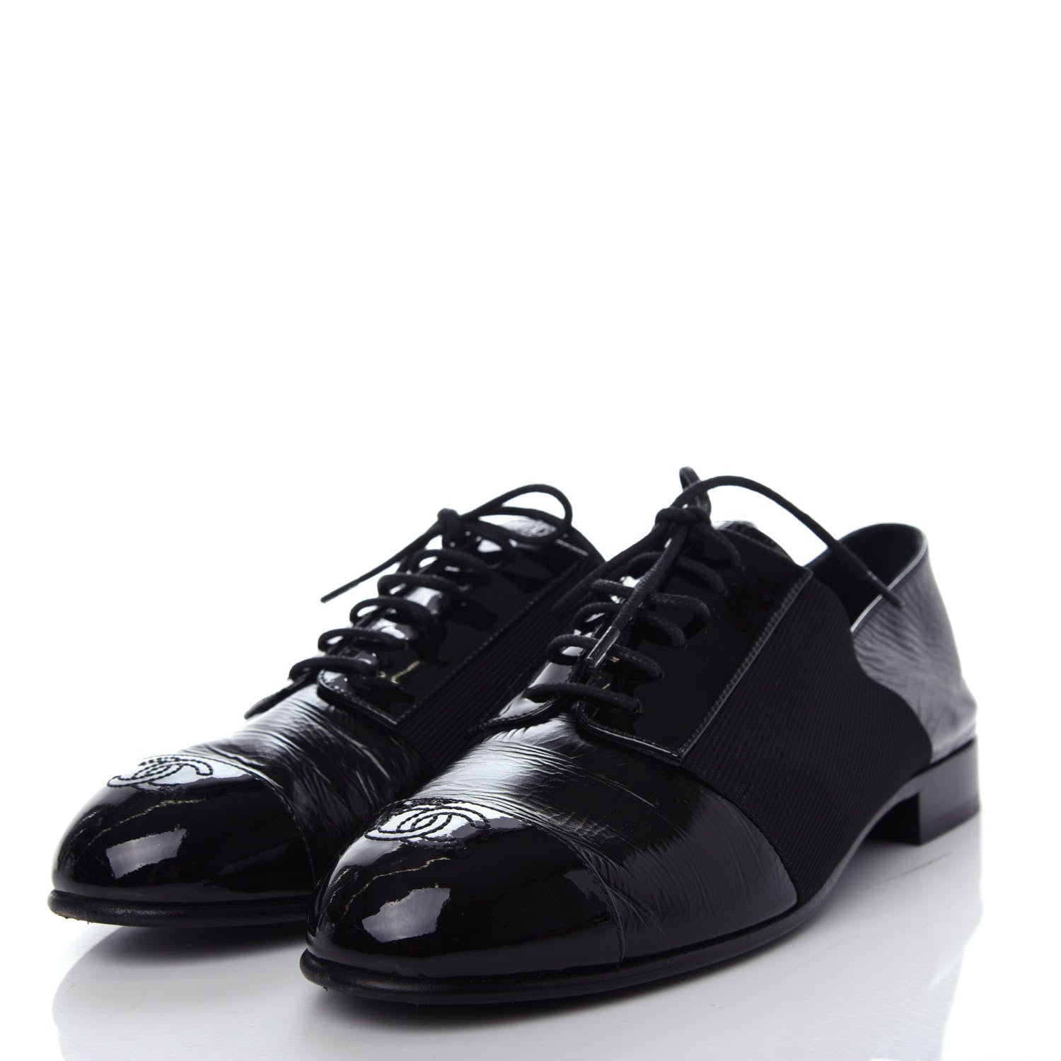 Chanel Goatskin Patent Womens CC Cap Toe Lace Up Oxfords 36.5 Black 3 of 11