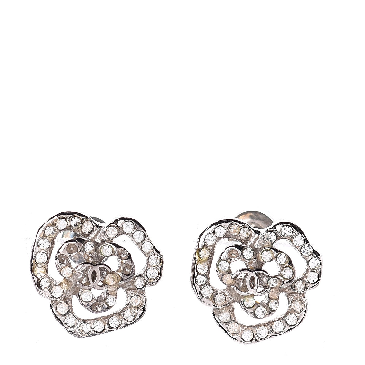 Chanel Crystal CC Camellia Earrings Silver 1 of 3